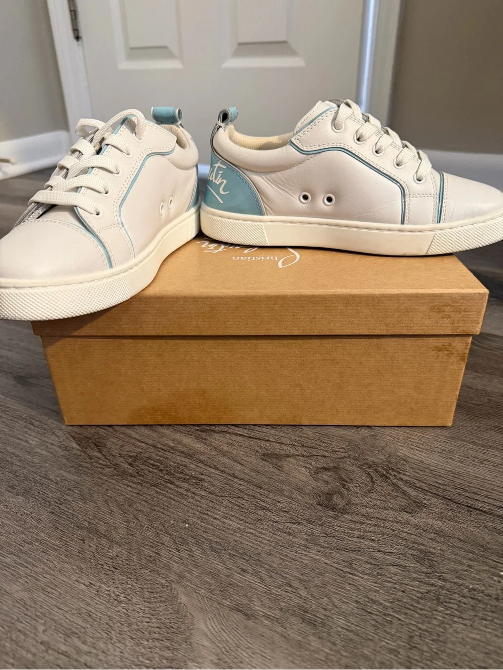 Christian Louboutin White Sneakers with Light Blue Heel Accent